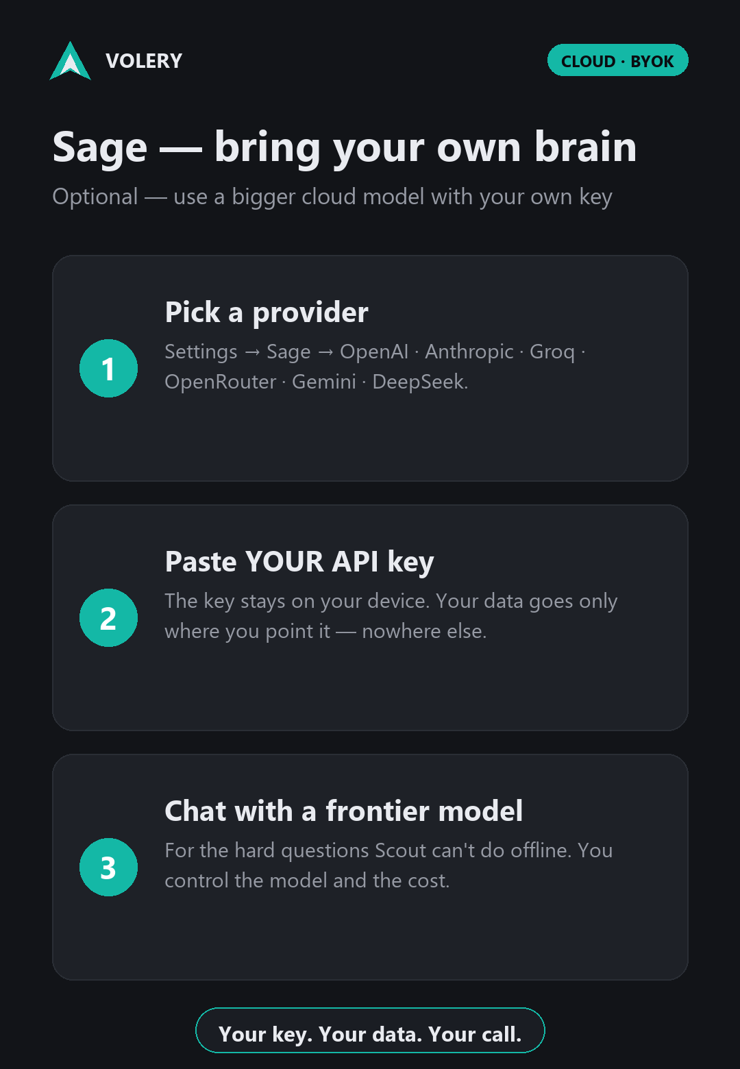 Sage setup in three steps: pick a provider, paste your own API key, then chat with a frontier model.